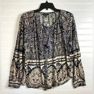 Lucky Brand Women Top XL  Blue Paisley Floral Blouse Linen Blend Boho Tassel